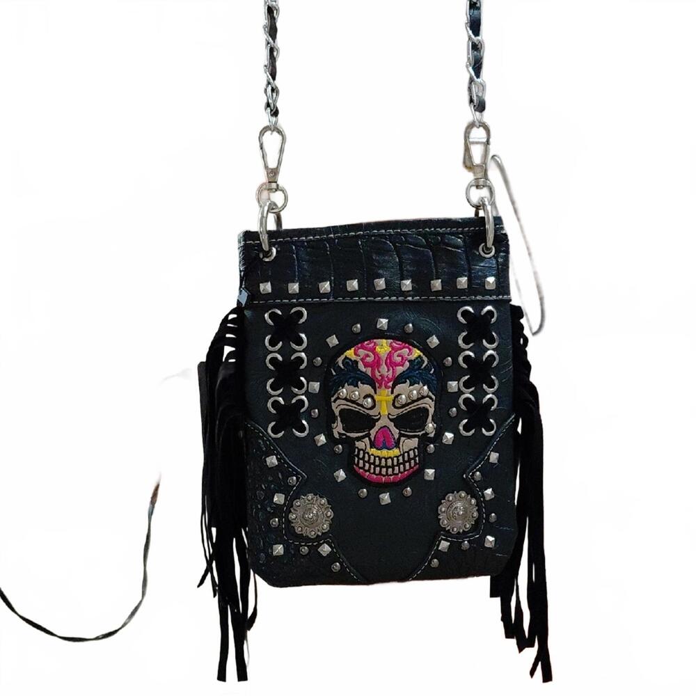 "Cowgirl Trendy" NWT, black skull, fringe, Studded crossbody leather bag.......